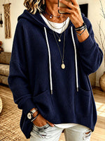 Women's Solid Color V-neck Long-sleeve Casual Loose Waffle Knit Hooded Top