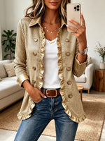 Chic Metallic Gold Ribbed Ruffle Blazer Jacket