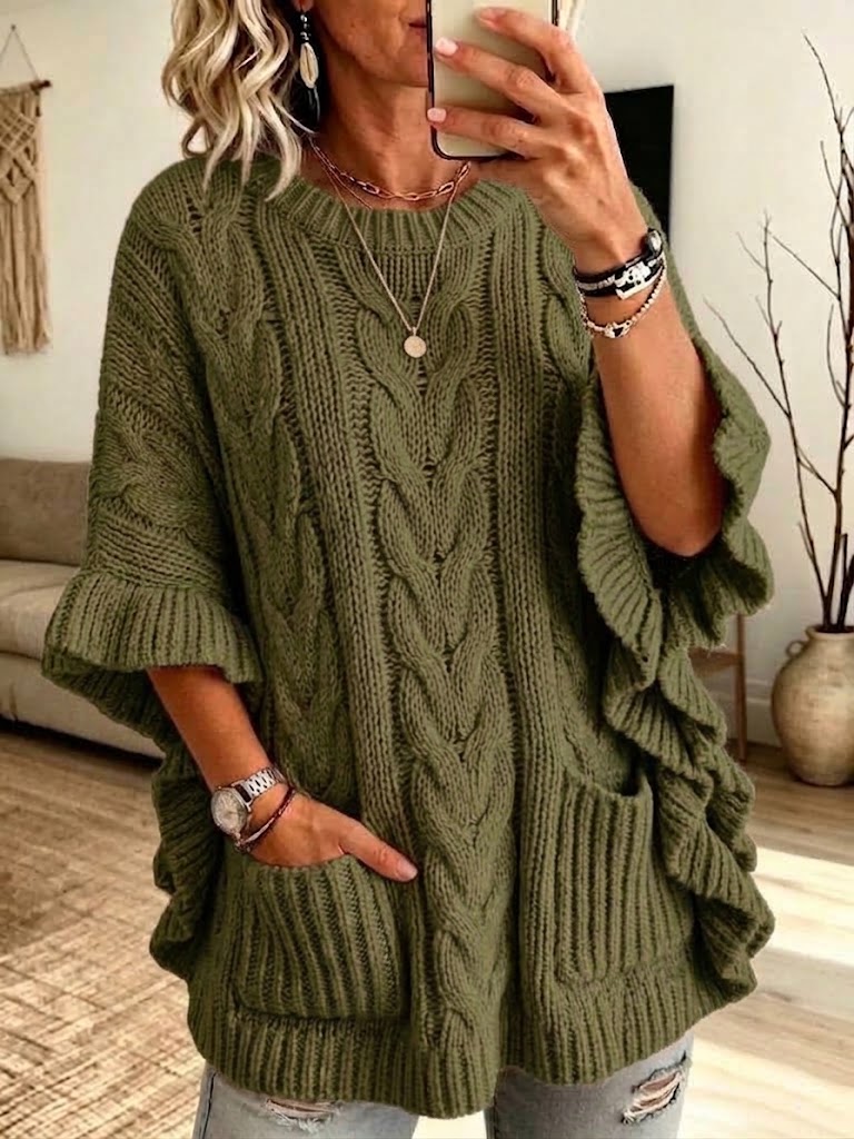 Vintage Cable Knit Ruffle Loose Knit Top