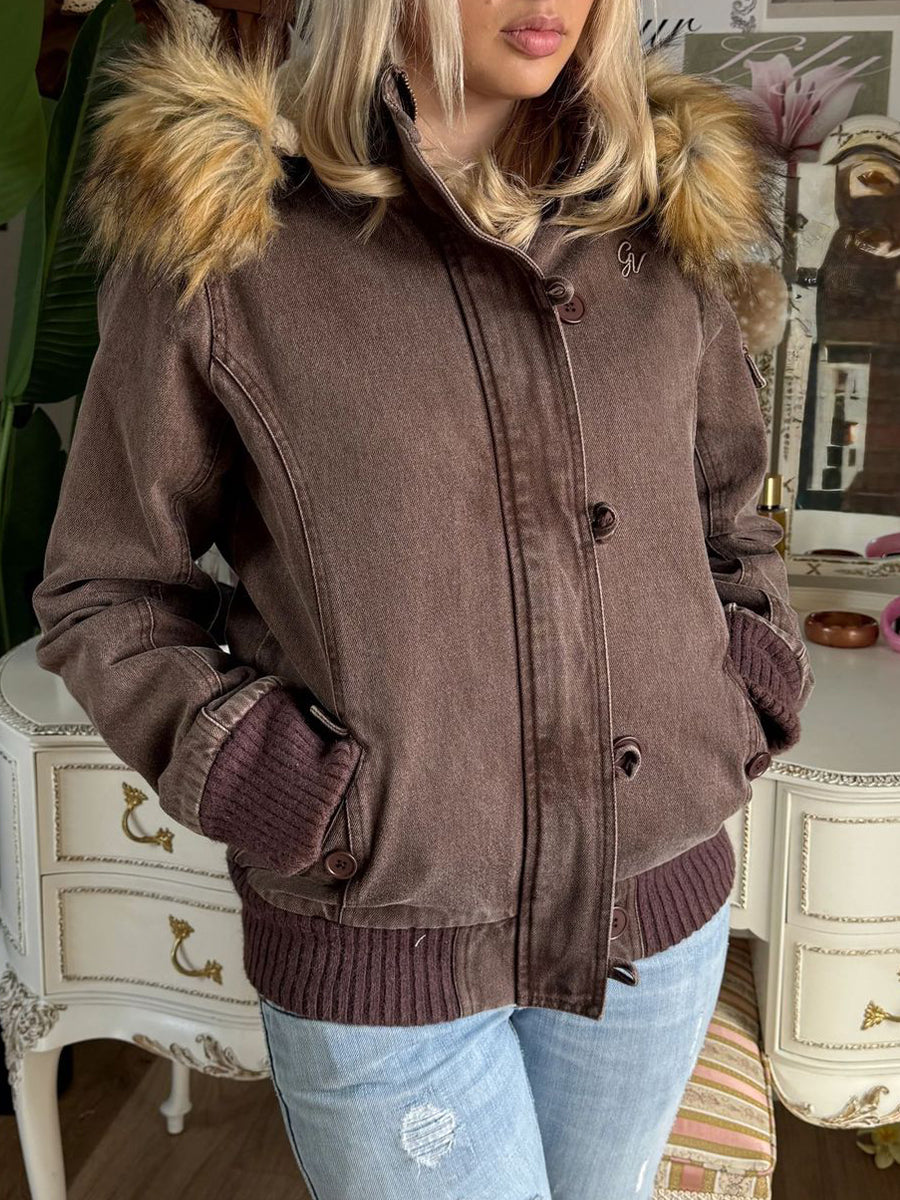 Casual Faux Fur-trimmed Hooded Bomber Jacket With Faux Shearling Lining