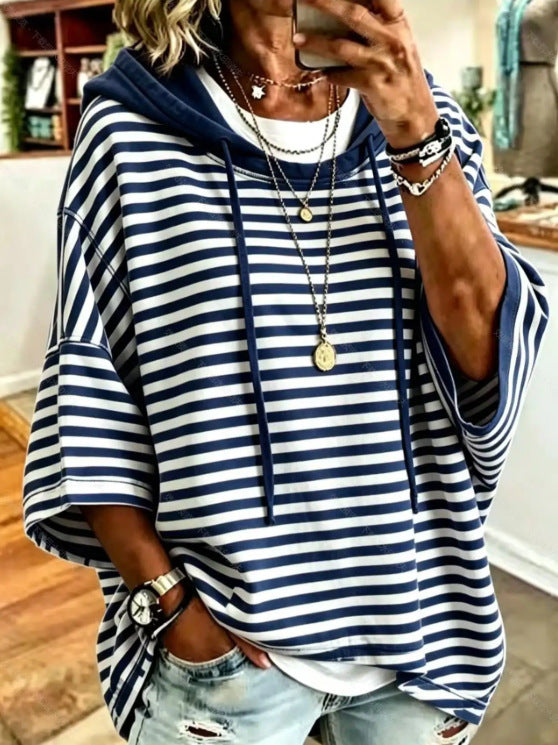 Relaxed-fit Casual Striped Cotton Hoodie