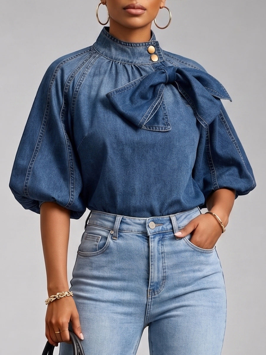 Casual Denim Shirt With Bow-detail Stand Collar