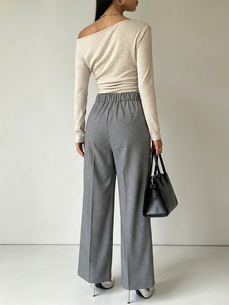 Chic And Sophisticated Grey Wide-leg Trousers With A Wrap-waist Design.