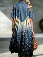 Denim Spliced Gradient Floral Shirt Maxi Dress