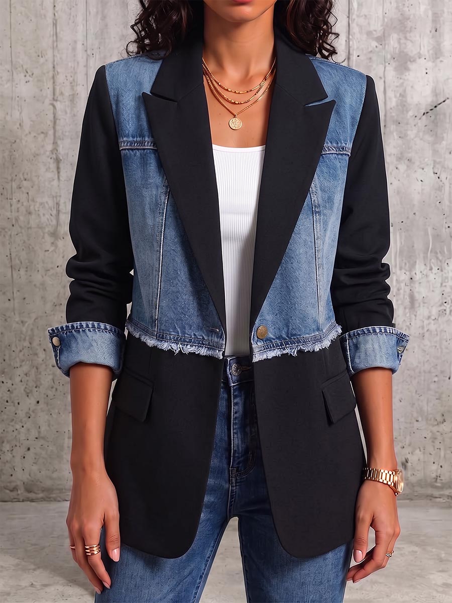 Women's Suit Collar Long Sleeve Casual Loose Patchwork Denim Cardigan