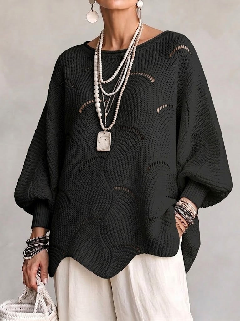 Hollow Wave Pattern Loose Lantern Sleeve Knit Top