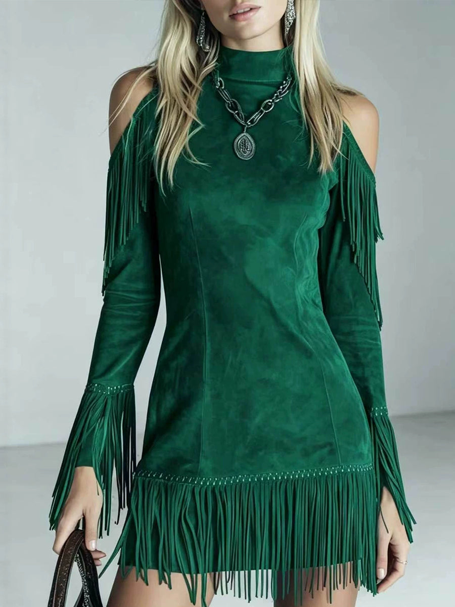 Striking Emerald Faux Suede Cold-Shoulder Fringe Dress