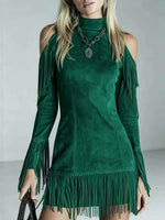Striking Emerald Faux Suede Cold-Shoulder Fringe Dress