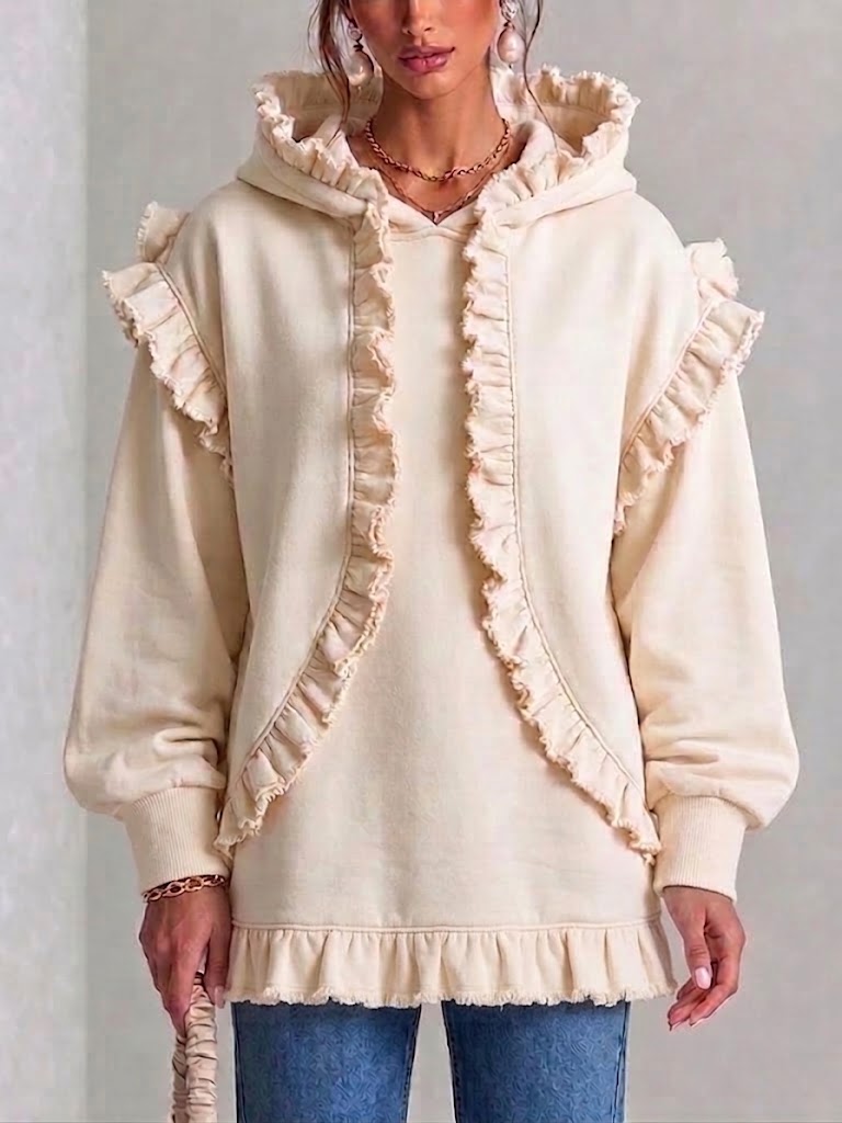 Raw‑edge Ruffle Trim Oversized Hoodie