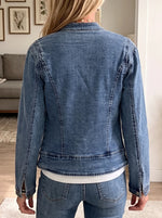 Retro Washed Denim Jacket with Butterfly Embroidery & Mandarin Knot Closure