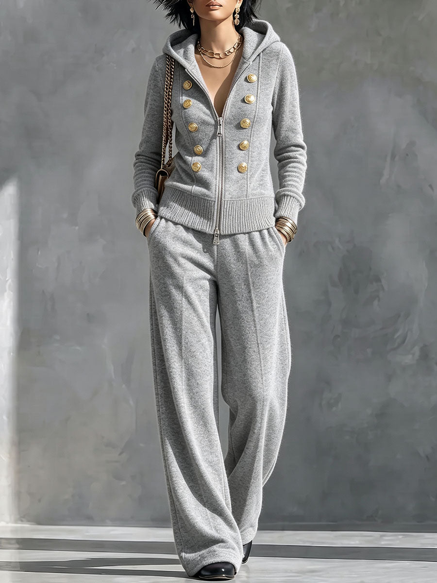 Women's Solid Color Collared Long-Sleeved Casual Loose Hooded Cardigan Top and High-Waisted Wide-Leg Pants Set