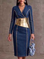 Women's V-neck Long-sleeved Casual Loose Denim Faux Leather Patchwork Dress