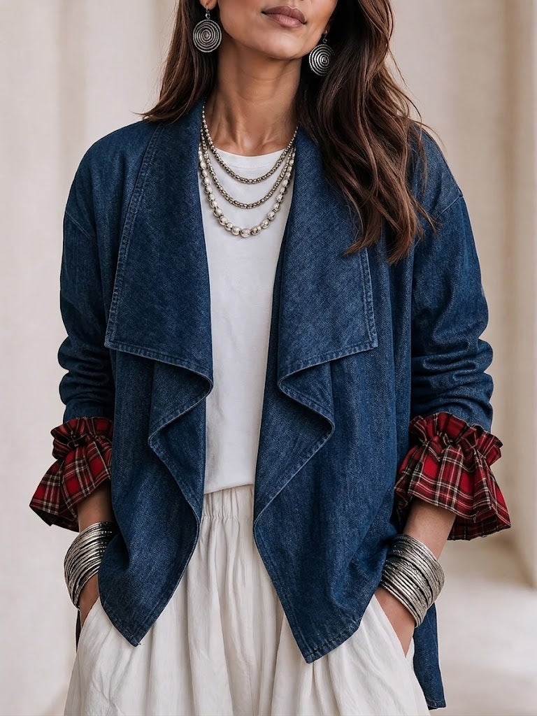 Lapel Collar Plaid‑lined Asymmetric‑hem Denim Jacket