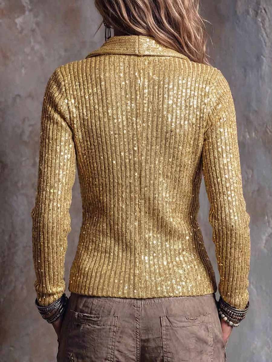 Women's Solid Color Collared Long Sleeve Casual Loose Sequined Knit Top