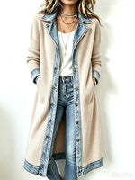 Casual Long-line Knit Cardigan With Denim And Ribbed Paneling