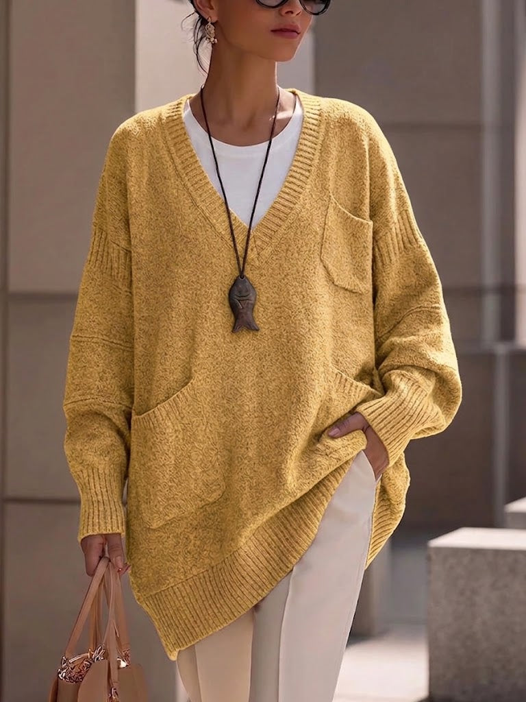 V‑neck Multi‑pocket Drop‑shoulder Oversized Knit Sweater