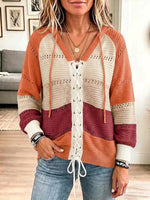 Women's Color-blocked V-neck Long-sleeved Casual Loose Hooded Knit Pullover