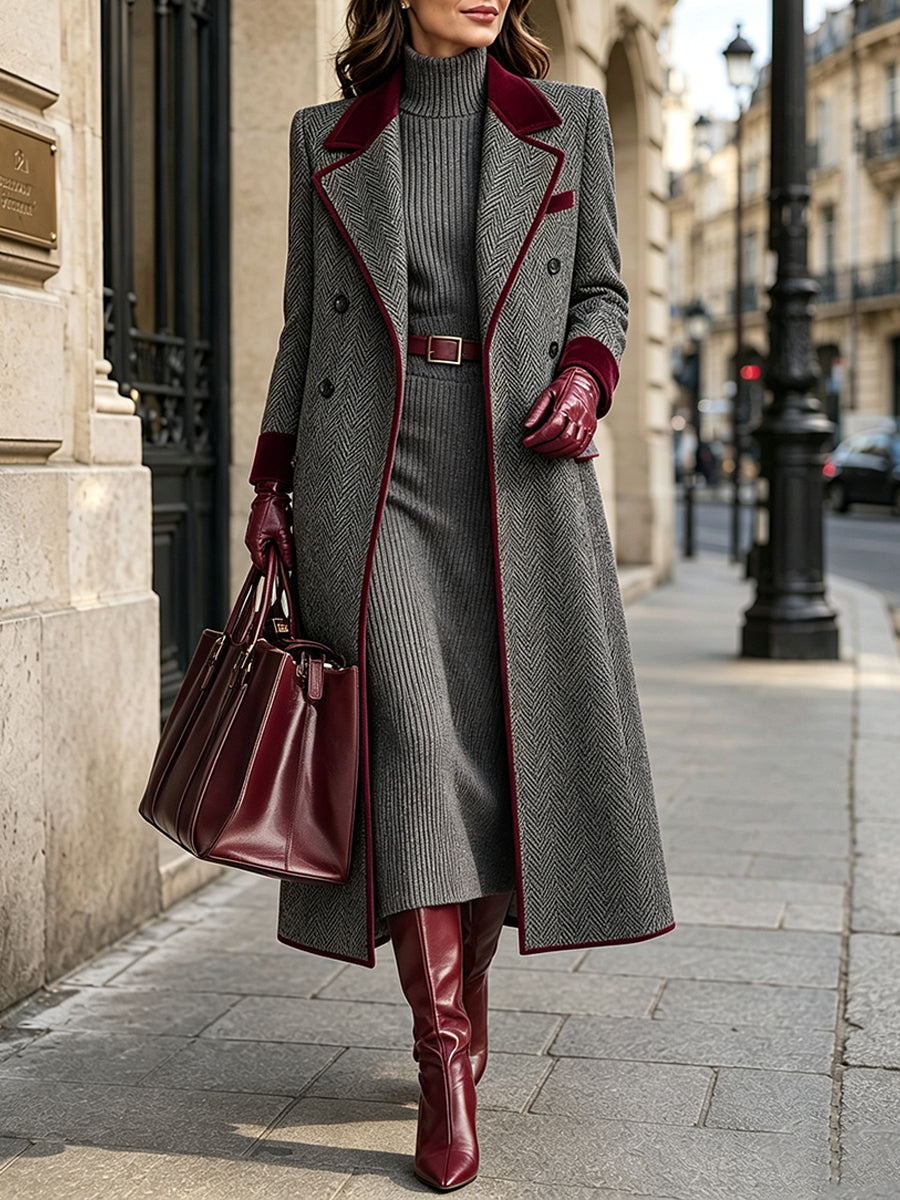 Elegant Herringbone Wool-blend Long Coat