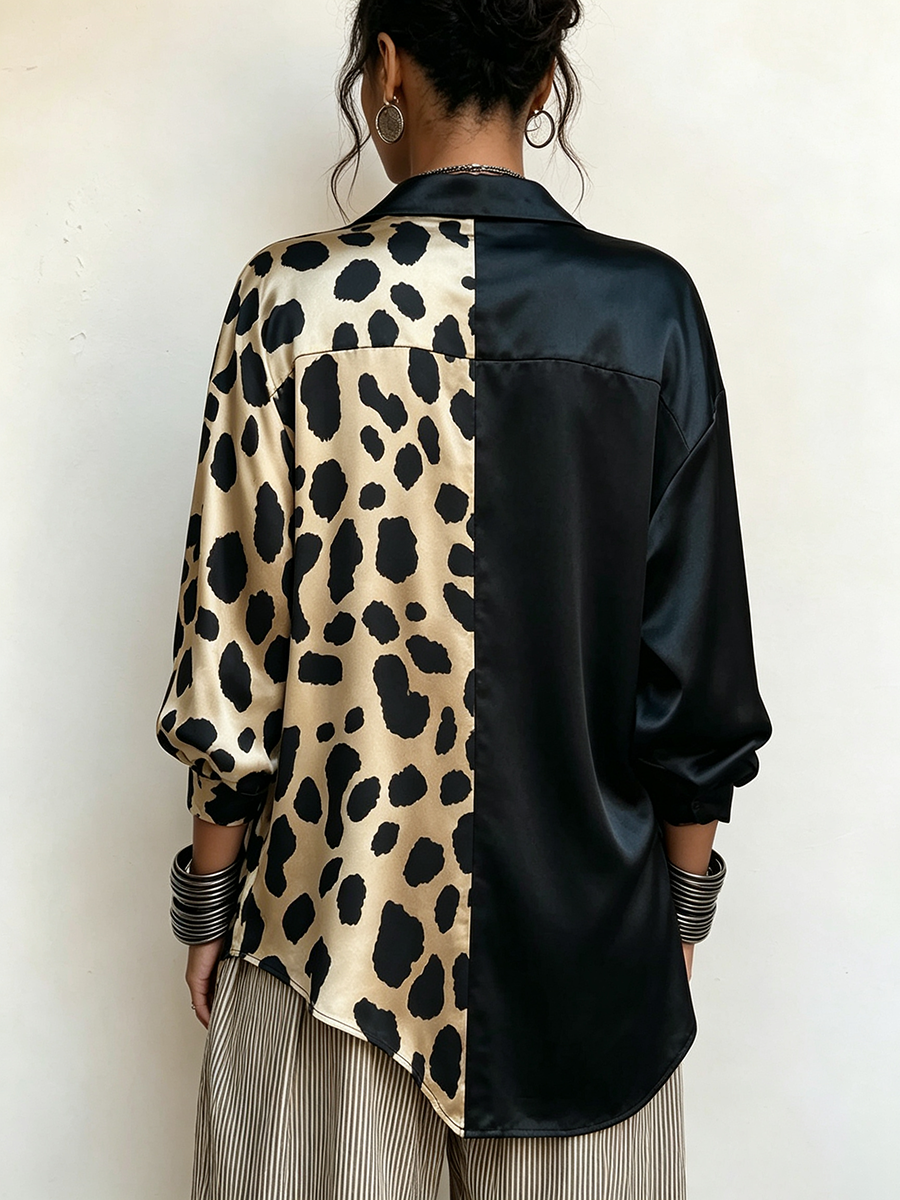 Chic Bold Leopard Satin-blocked Blouse