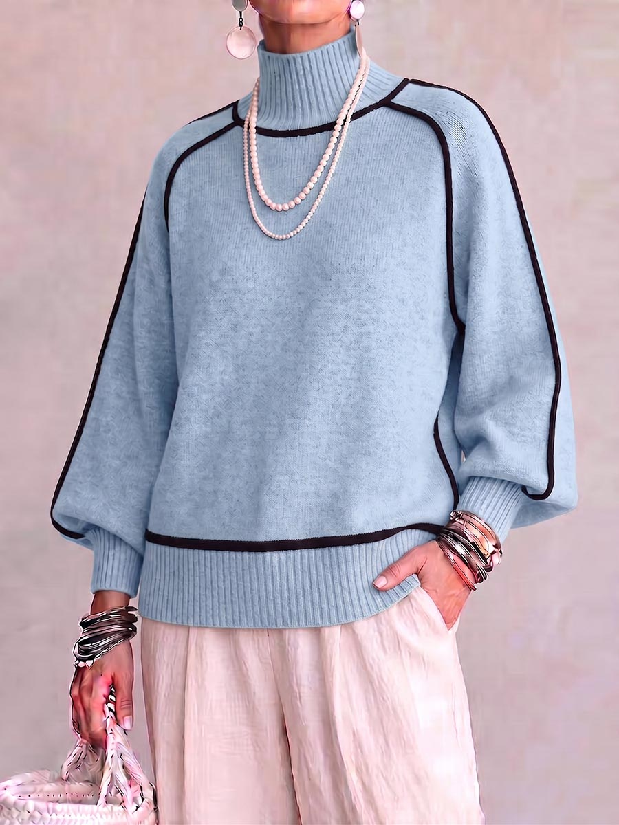 Women's High-neck Long-sleeved Casual Loose Color-blocked Pullover Knit Sweater