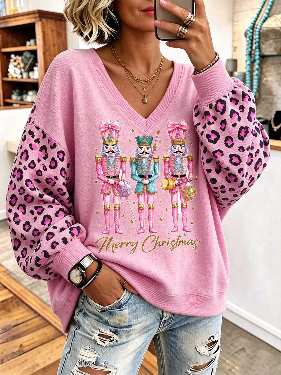 Cozy Pink Leopard Nutcracker Christmas Sweatshirt