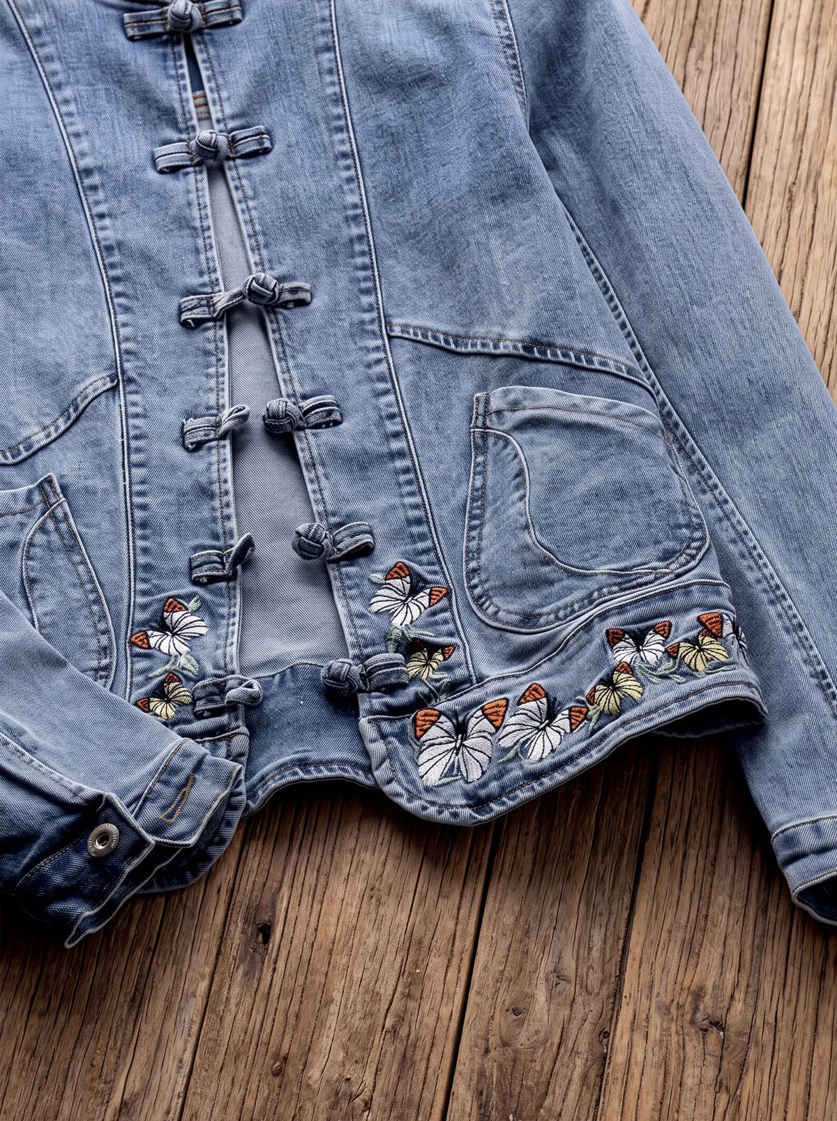 Retro Washed Denim Jacket with Butterfly Embroidery & Mandarin Knot Closure