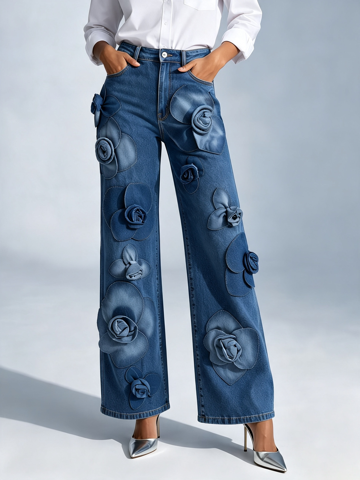 Dimensional Floral Denim Jeans