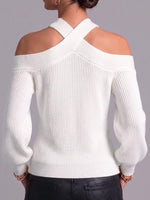 Women's Solid Color Halter Neck Off-shoulder Long-sleeved Knit Top