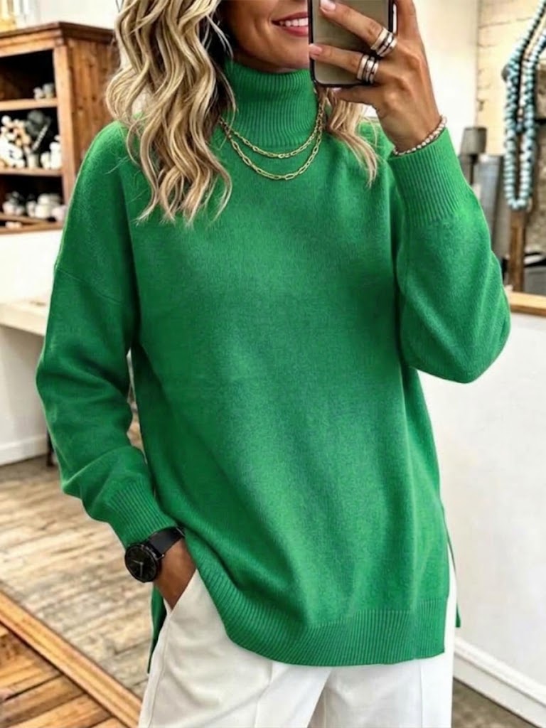 High-neck, Side-slit, Loose-fit Knitted Sweater
