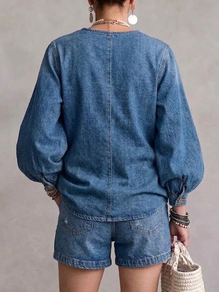 Denim Jacket With An Asymmetrical Button Placket, Gold Buttons, V-neck, And Lantern Sleeves