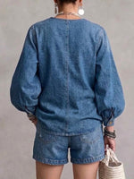 Denim Jacket With An Asymmetrical Button Placket, Gold Buttons, V-neck, And Lantern Sleeves