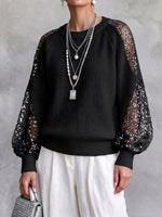Raglan-sleeve Knit Top With Sequined Mesh Panels