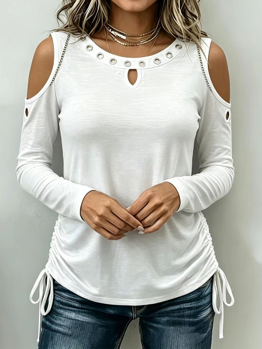 Sleek Grommet Cold-Shoulder Long-Sleeve Top