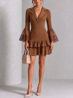Elegant Ribbed Knit Lace-Trim Ruffle Dress