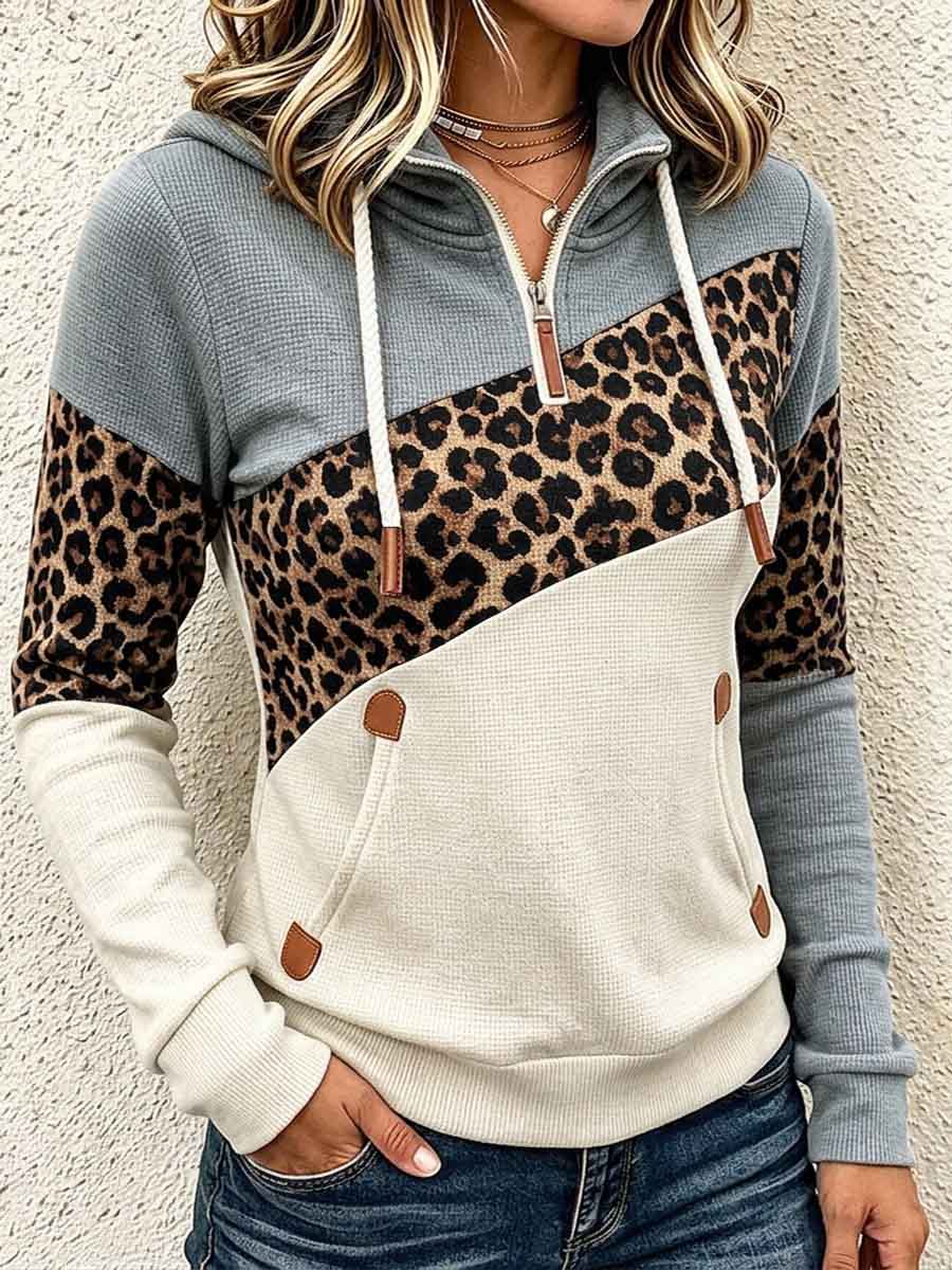 Women's Casual Loose-fit Hooded Top With Collar, Long Sleeves, Leopard Print, And Color-block Panels