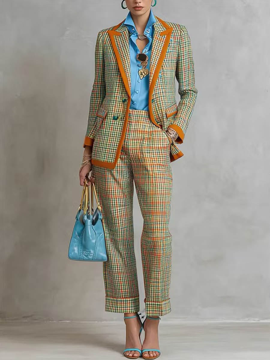 Women's Vintage Plaid Two-piece Suit Set With Contrast Trim