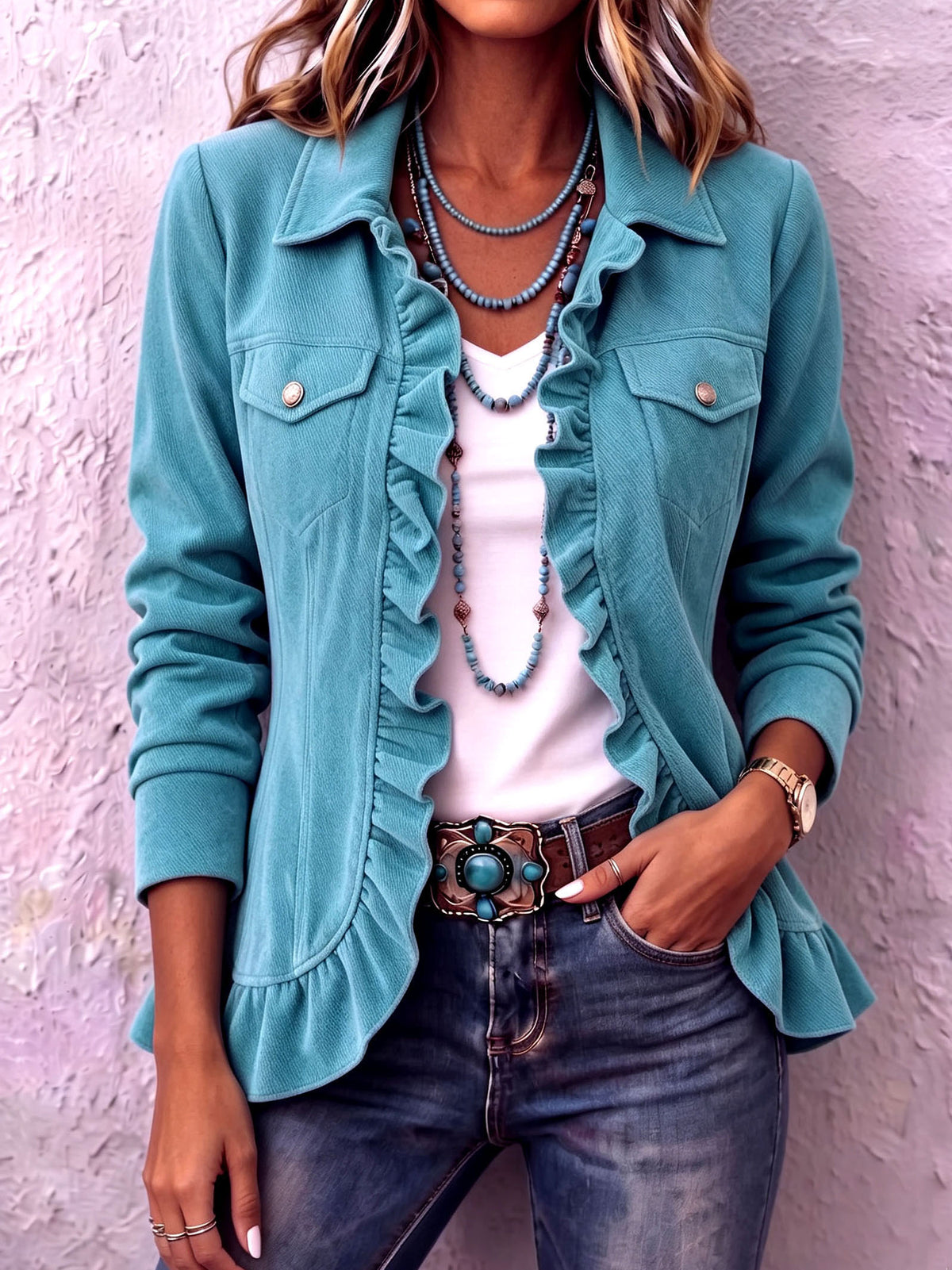 Western-chic Turquoise Ruffled Cotton Jacket