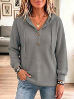 Women's Solid Color V-neck Long-sleeve Casual Loose Waffle Knit Hooded Top