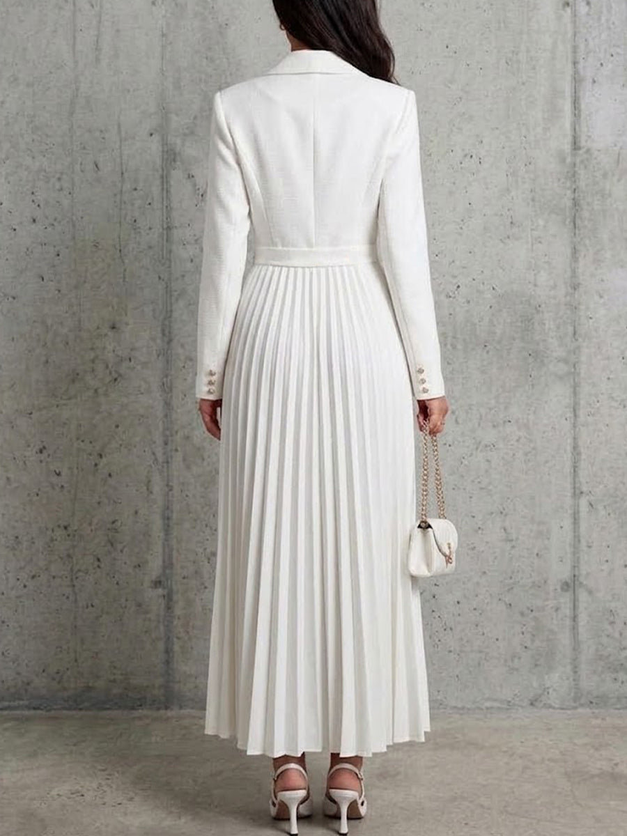 Blazer Collar Single Button Waist Pleated Midi Fake Two-piece Dress