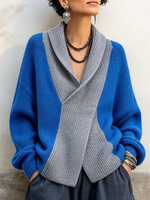 Chic Cozy Blue Colorblock Shawl Collar Sweater
