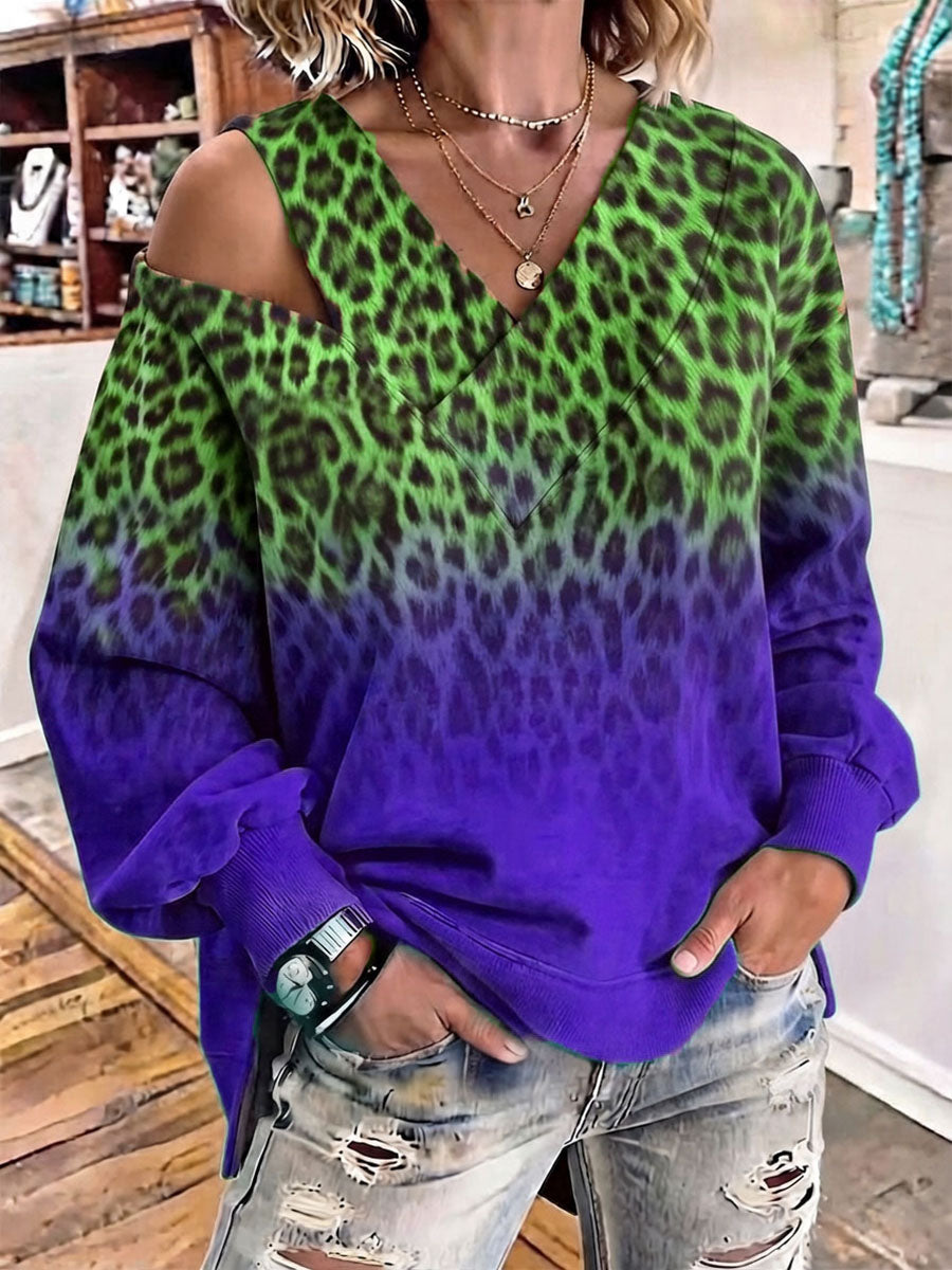 Trendy Ombre Leopard Cold Shoulder Sweatshirt