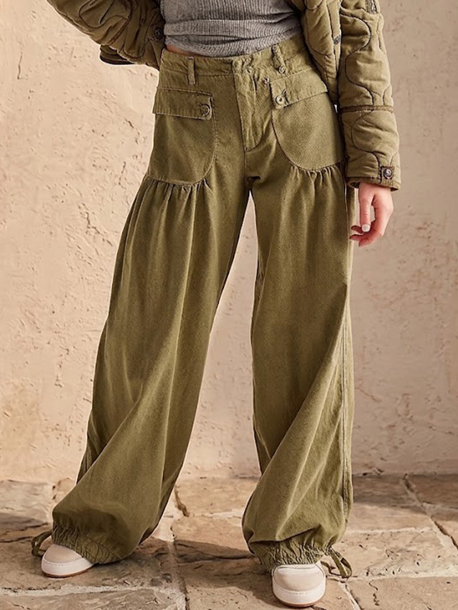 Pleated Mid-rise Loose Wide-leg Lotus-style Jeans