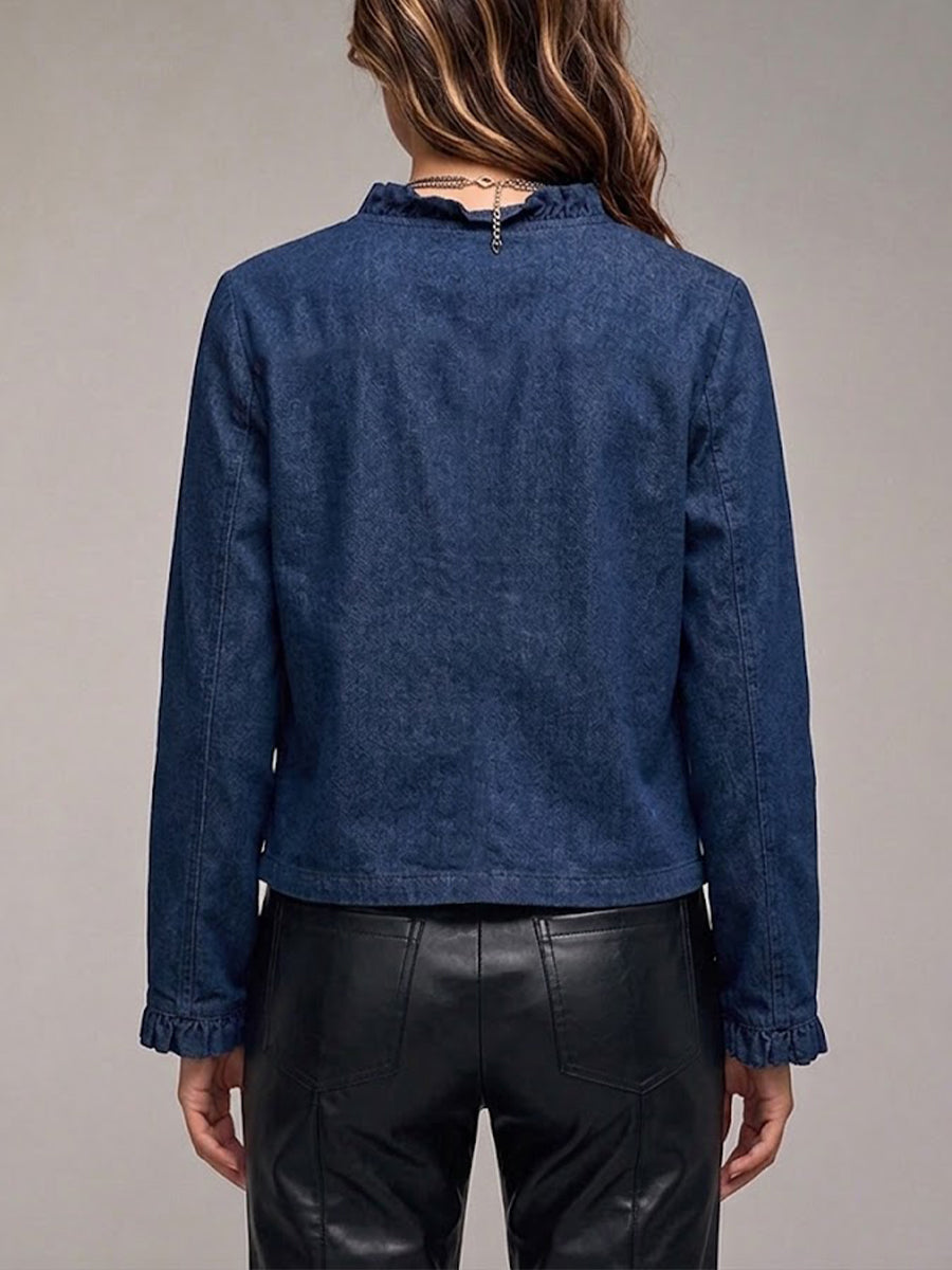 Casual Ruffled Cropped Denim Jacket