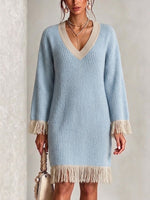 Color-block V-neck Fringed Knit Dress