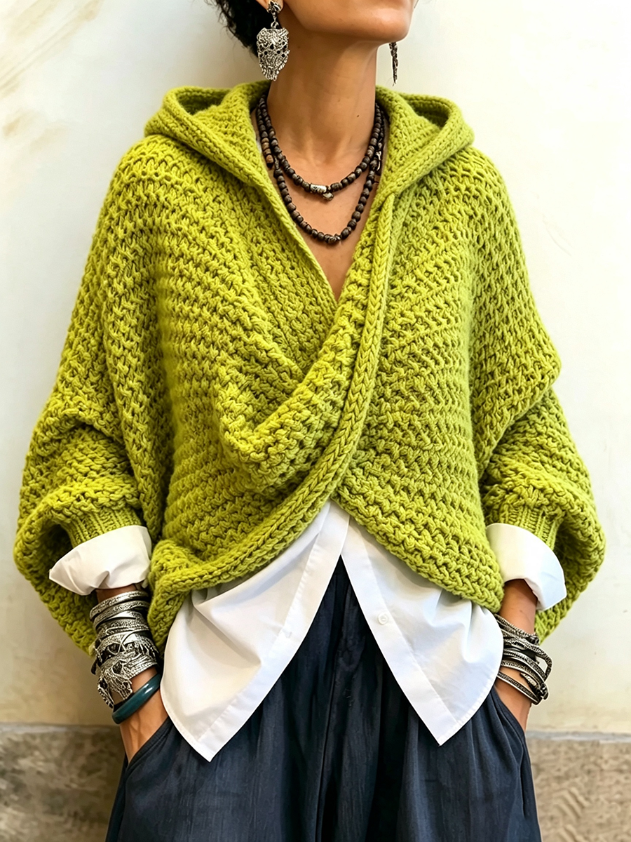 Relaxed Chic Green Knitted Hooded Crossover Sweater