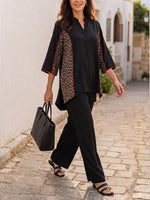 Chic Leopard Panel Red Trim V-neck Blouse