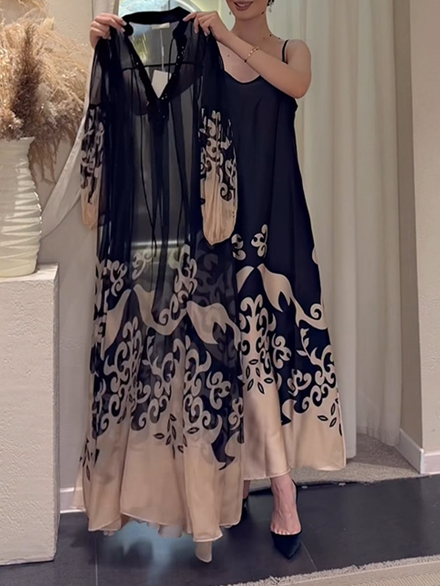 Elegant, Loose, And Comfortable Two-piece Set Featuring A Printed Chiffon Camisole Dress And A Long-sleeved Dress.