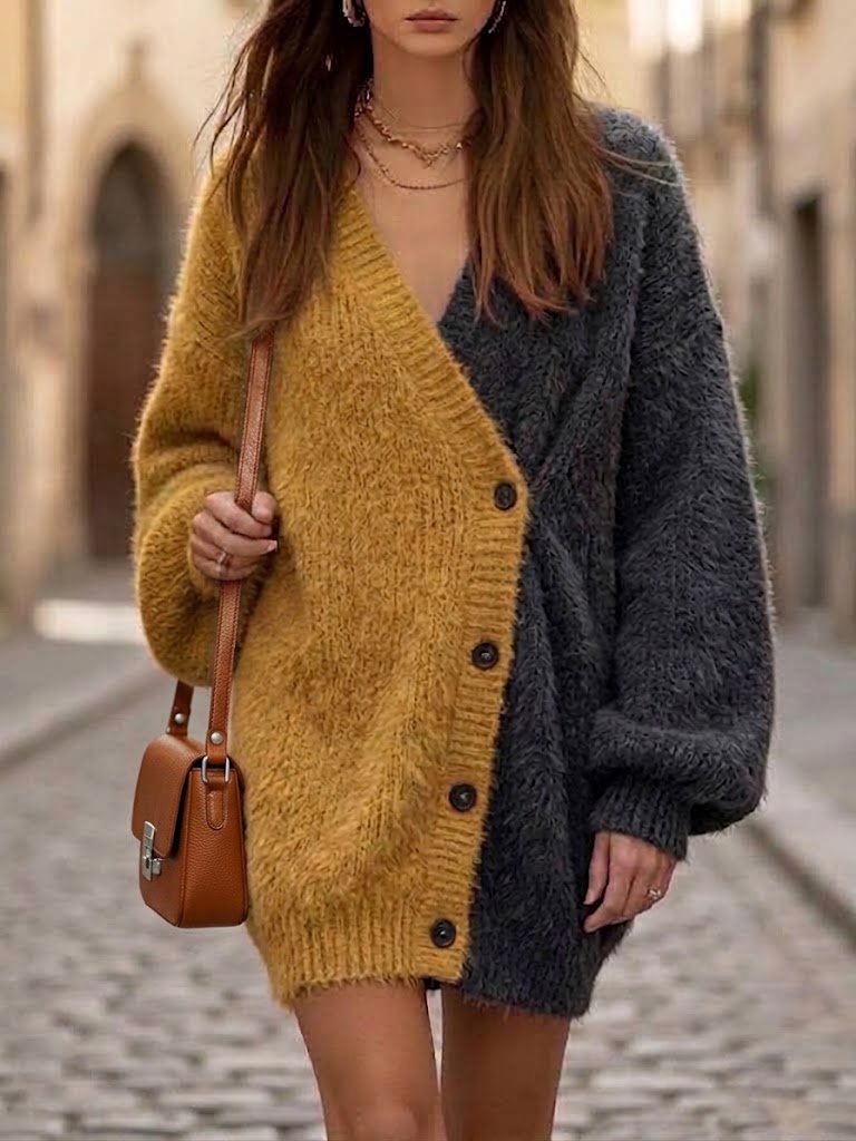 Color-block V-neck Asymmetrical Fuzzy Button-up Knit Cardigan Dress