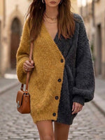 Color-block V-neck Asymmetrical Fuzzy Button-up Knit Cardigan Dress