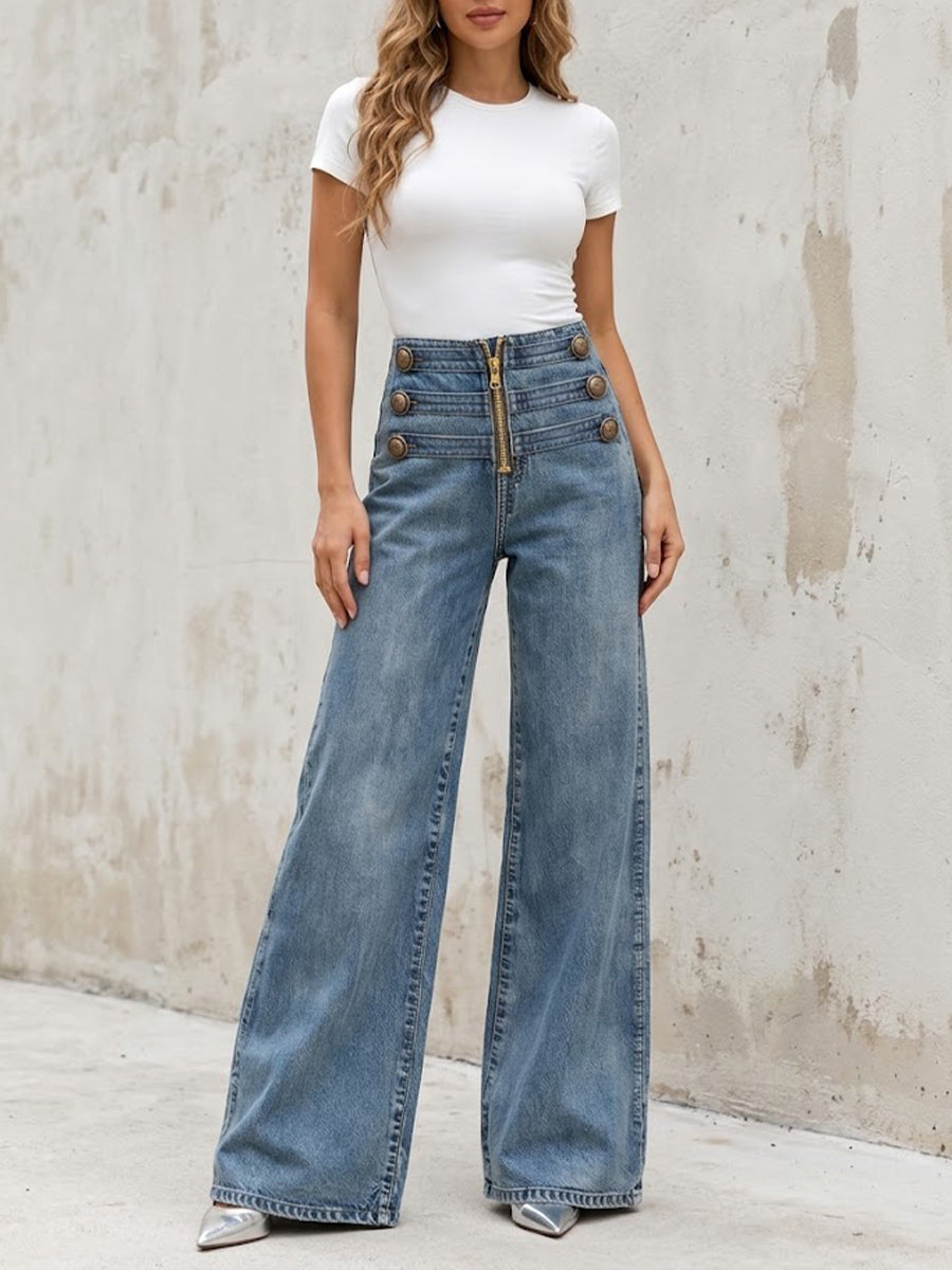 Casual Retro Multi-strap Button-detail Wide-leg Jeans